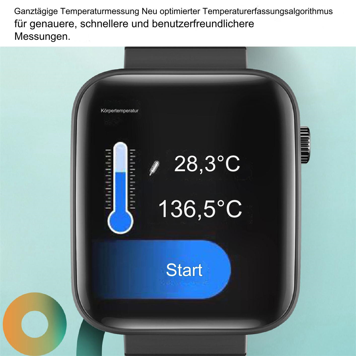 Eine Smartwatch zeigt Körpertemperatur-Messwerte: 28,3 °C und 136,5 °C. Mit Start-Taste.