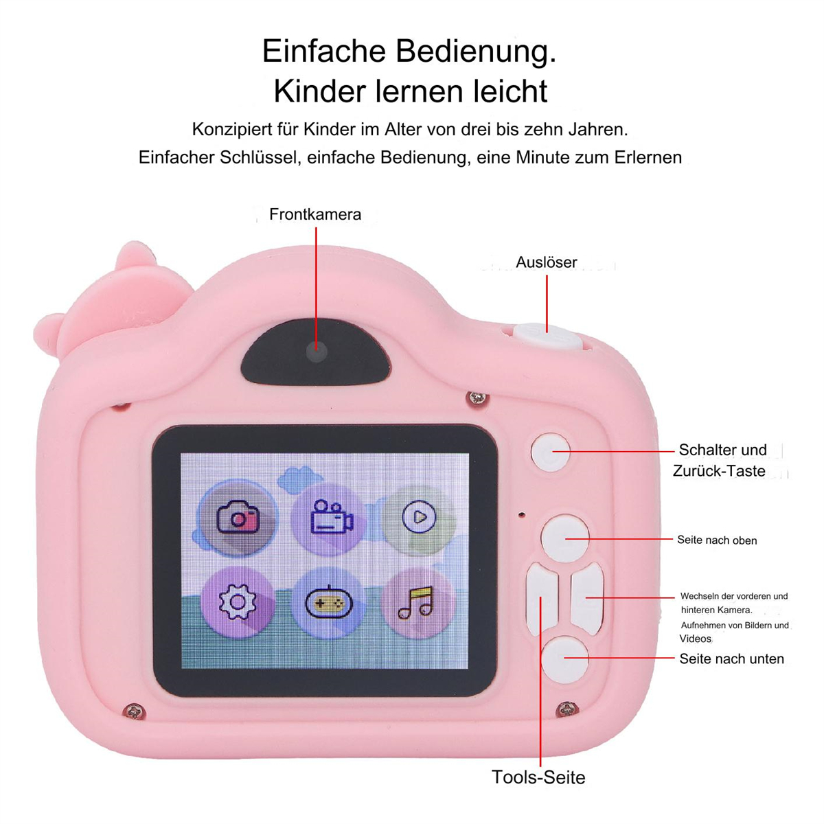 Eine rosa Spielzeugkamera mit Knöpfen und einem Bildschirm, entworfen für Kinder. Text auf Deutsch.