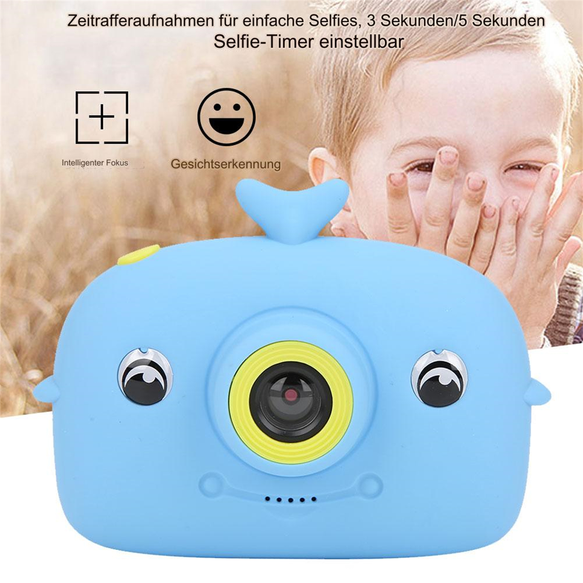Blaue Wal-Kamera. Kindergesicht im Hintergrund. Intelligenter Fokus, Gesichtserkennungssymbole.