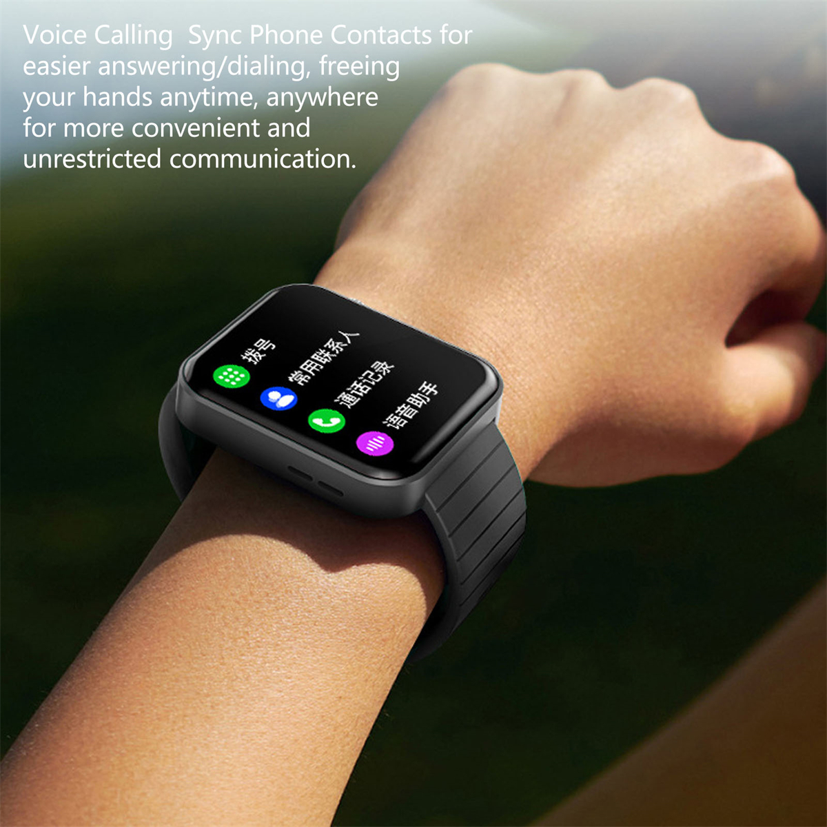 Eine Smartwatch am Handgelenk zeigt Apps für Anrufe und Kontakte an und wirbt für freihändige Kommunikation.