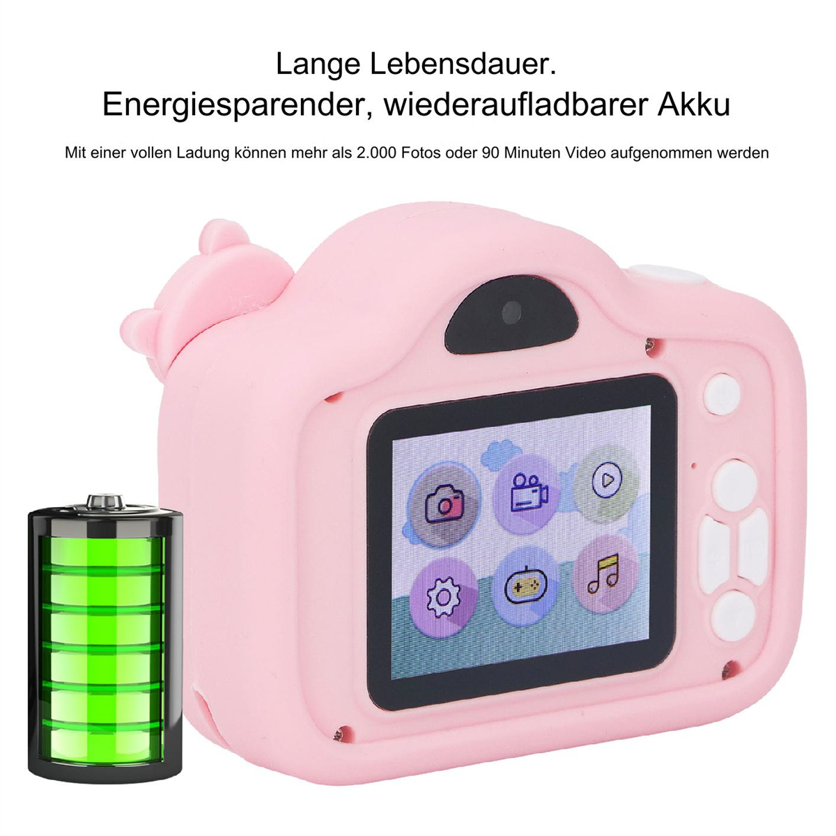 Rosa Kinderkamera mit Bildschirm mit Symbolen. Akku-Symbol neben grüner Akku-Grafik sichtbar.
