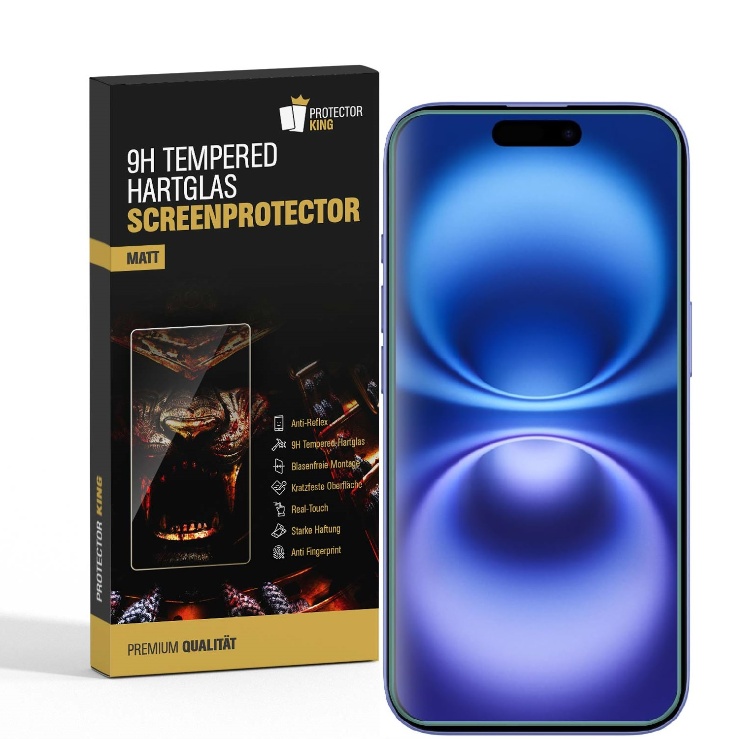 Ein Handy-Displayschutz mit einem Telefon und einer Box. Die Box hat Text und ein Bild des Bildschirms.