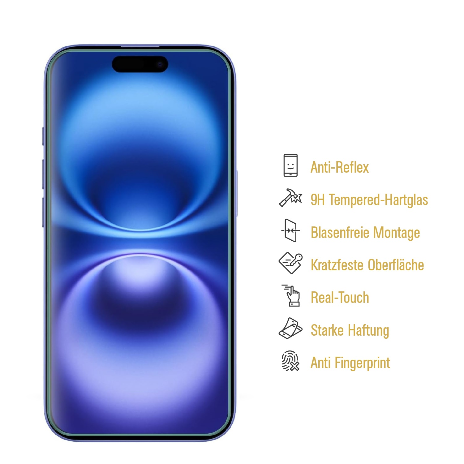 Smartphone-Bildschirm mit blauem Wirbeldesign. Text auf dem Bildschirm beschreibt Funktionen wie Entspiegelung.