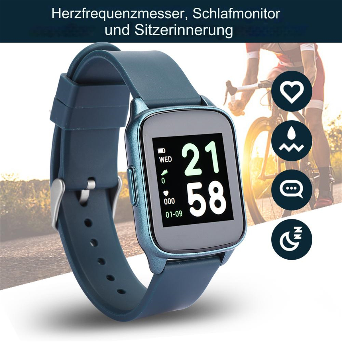 Eine türkisfarbene Smartwatch mit quadratischem Display und Armband. Herz-, Wasser- und Schlafsymbole.