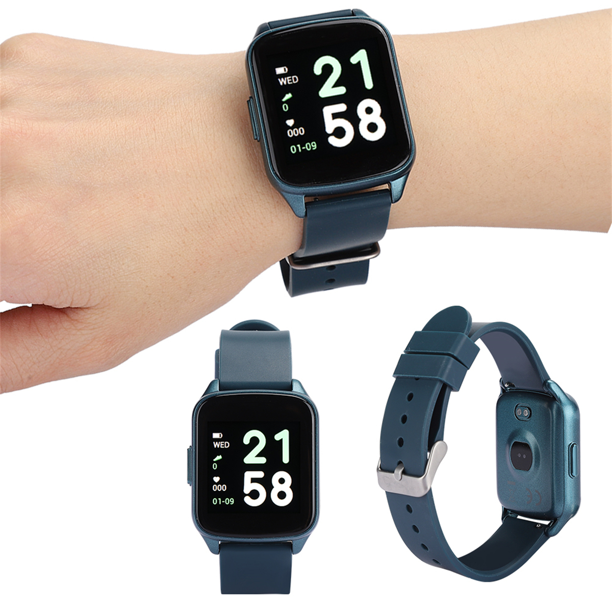 Eine dunkelblaue Smartwatch am Handgelenk und separat, mit einem dunkelblauen Armband.