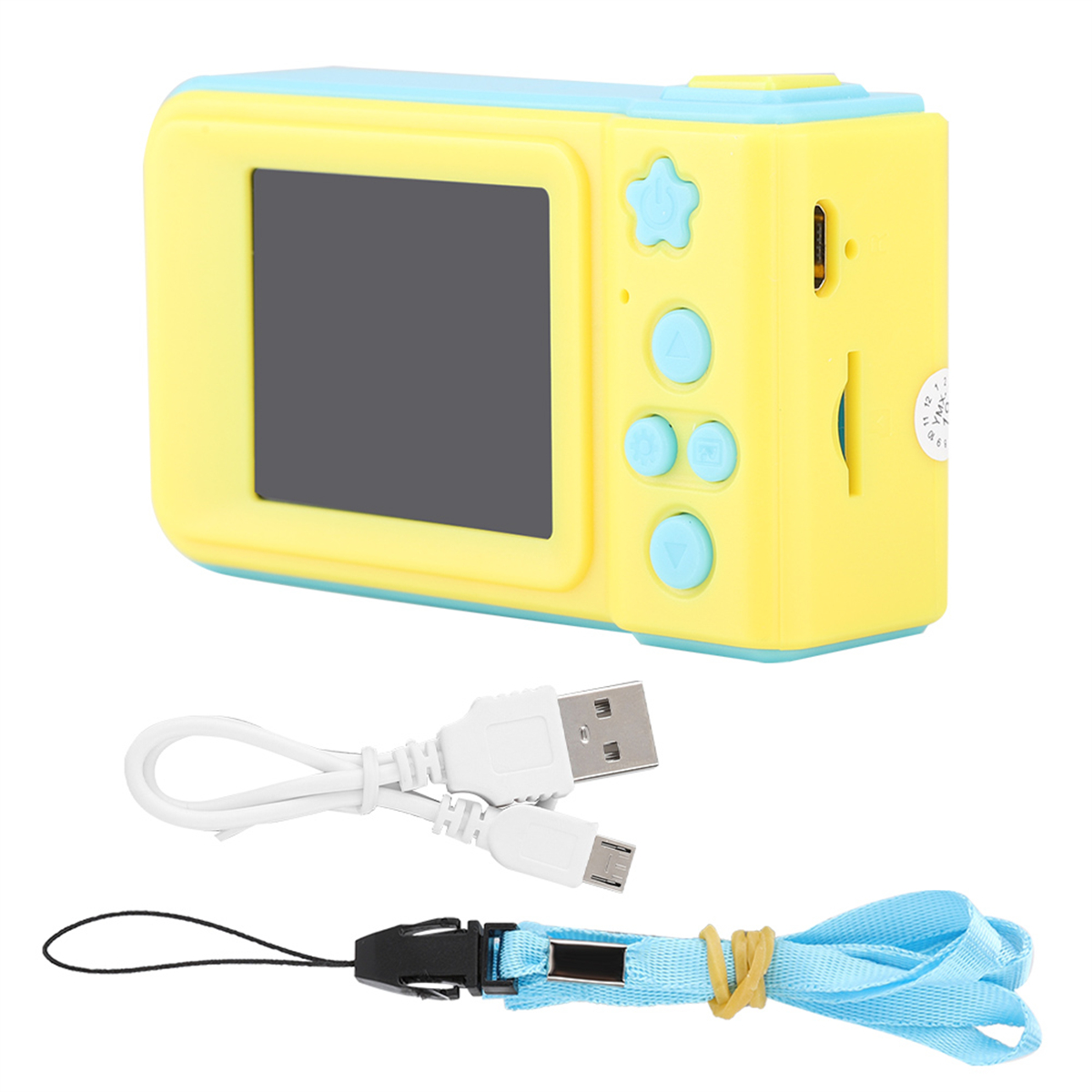 Eine gelb-blaue Kinderkamera mit einem weißen USB-Kabel und einem blauen Umhängeband. Weißer Hintergrund.