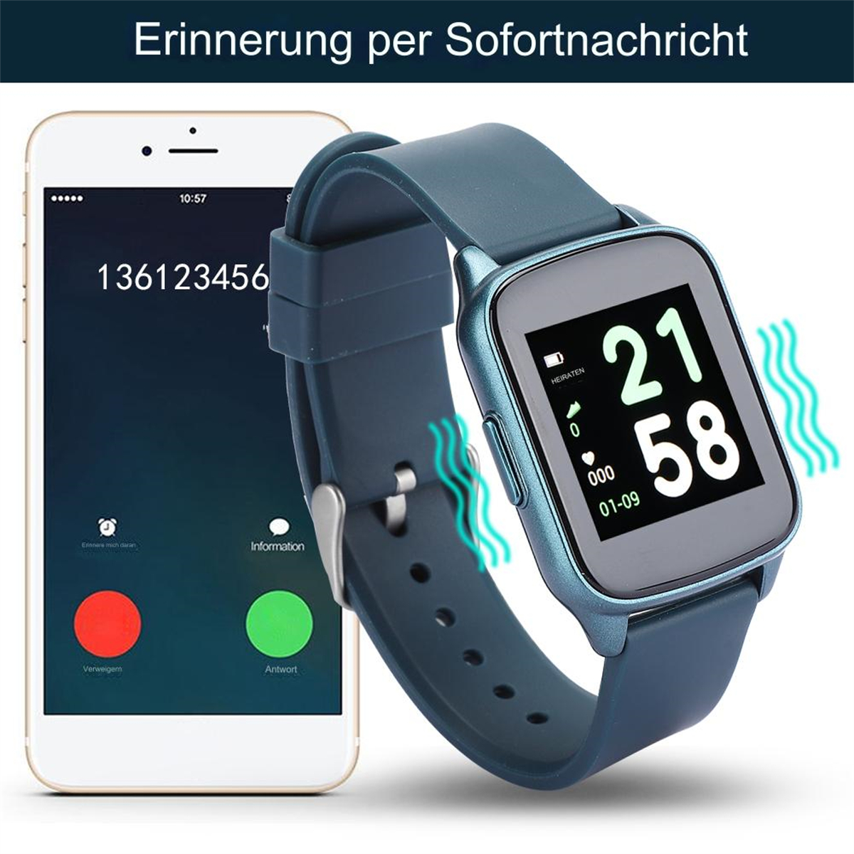Smartwatch, das Zeit, Anrufbenachrichtigung und Antwort- oder Ablehnungsoptionen anzeigt.