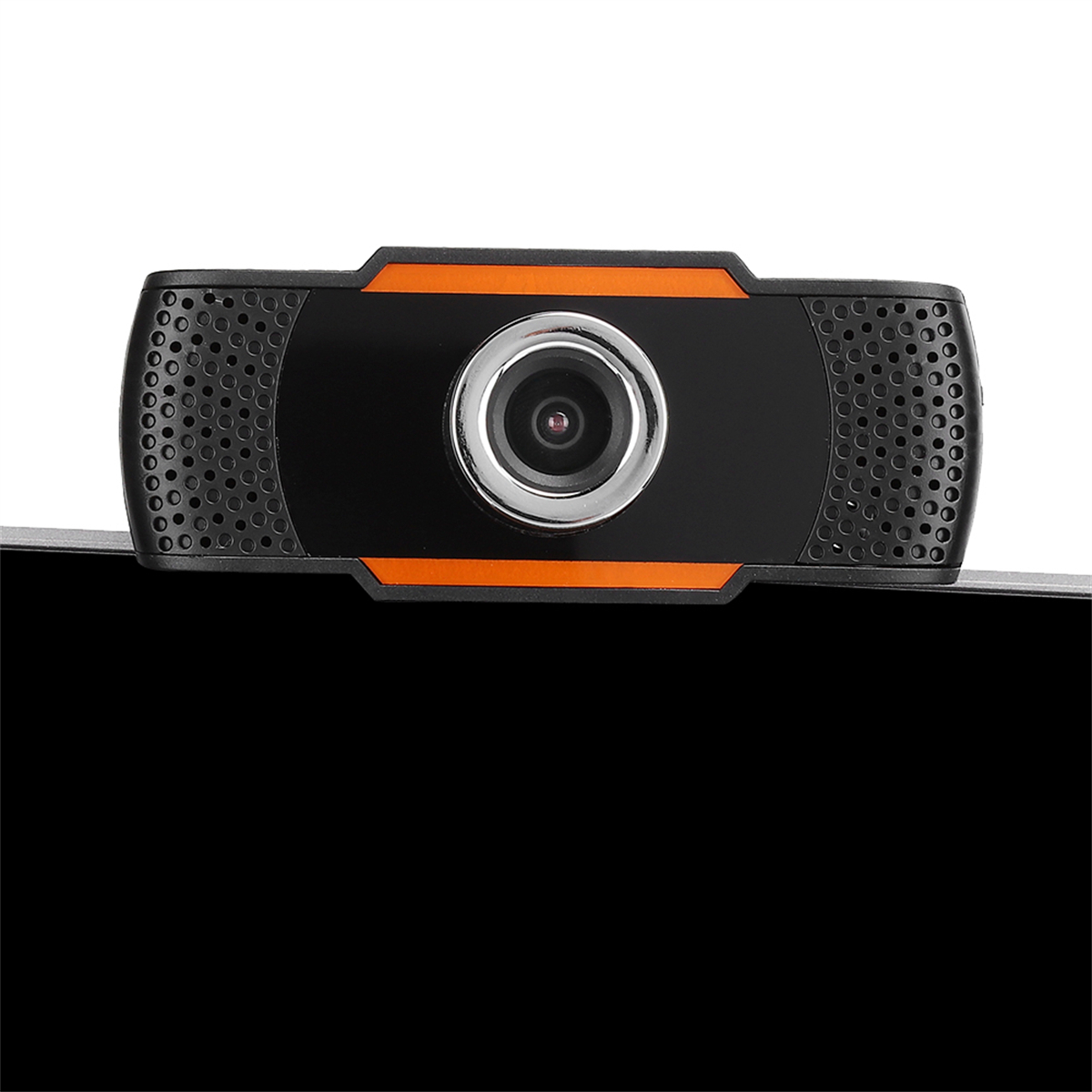 Schwarze und orangefarbene Webcam. Sie befindet sich oben auf einem schwarzen Monitor.