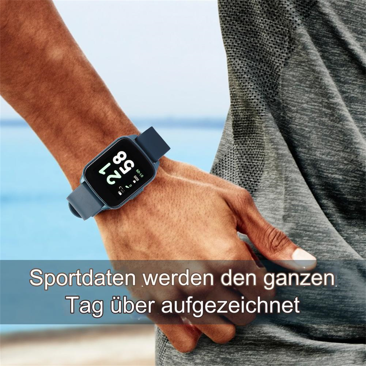 Ein Arm einer Person mit einer Smartwatch, die die Uhrzeit und Fitnessdaten anzeigt.
