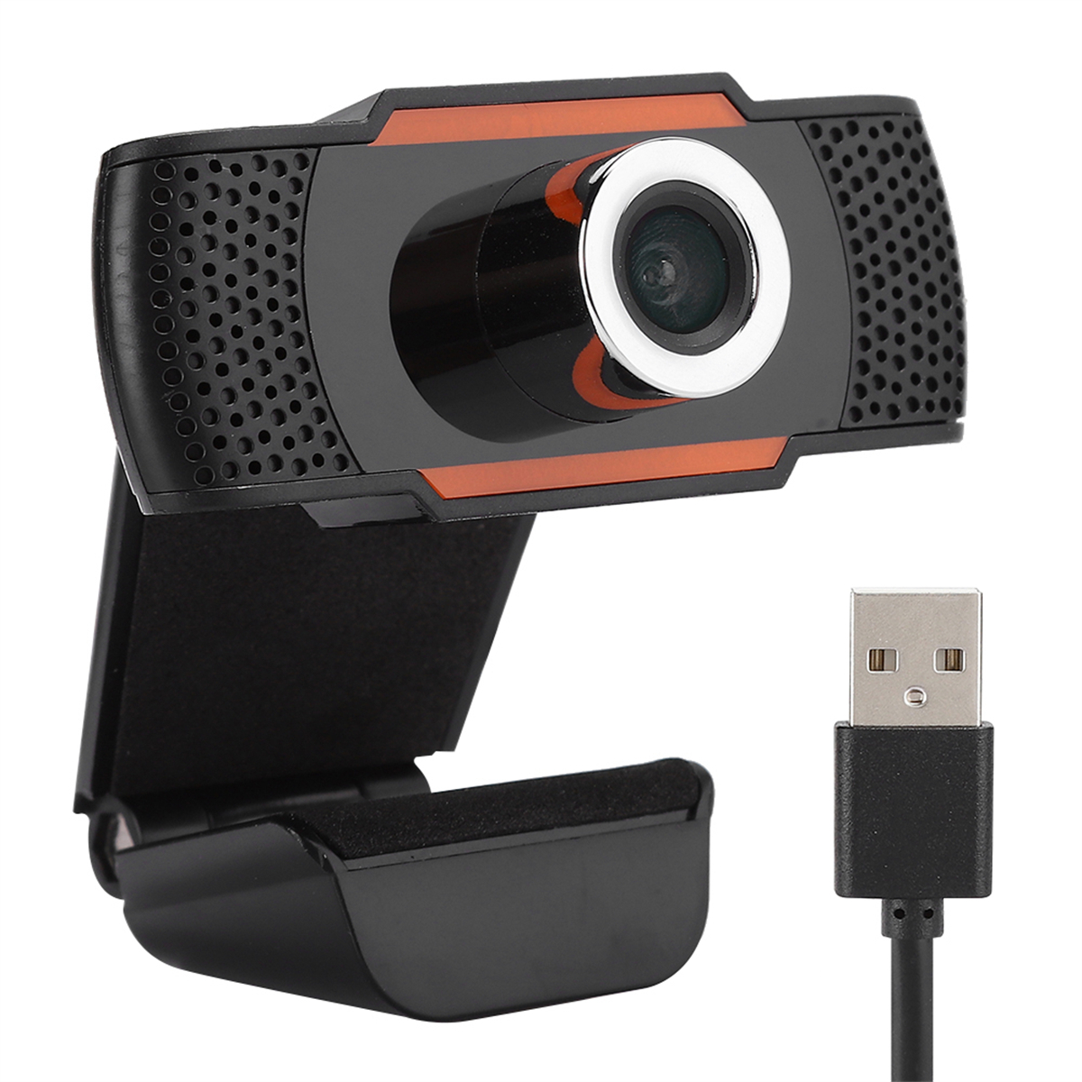 Schwarze und orangefarbene Webcam mit einem USB-Kabel.