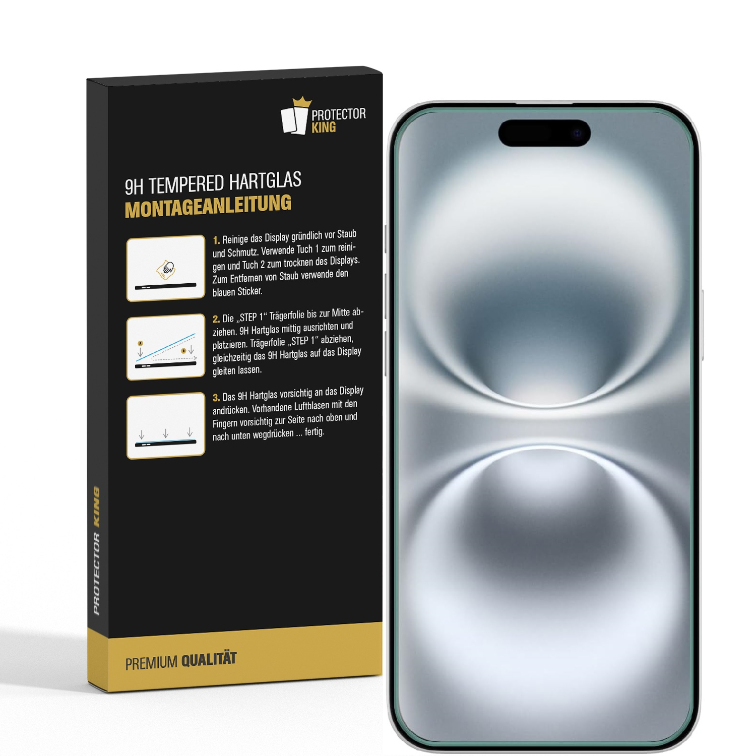 Ein Displayschutz für das Telefon in einer Box mit Anweisungen und dem sichtbaren Telefonbildschirm.