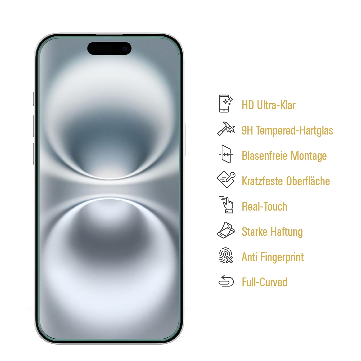Ein Smartphone-Displayschutz mit Symbolen, die Funktionen wie Kratzfestigkeit und Klarheit anzeigen.