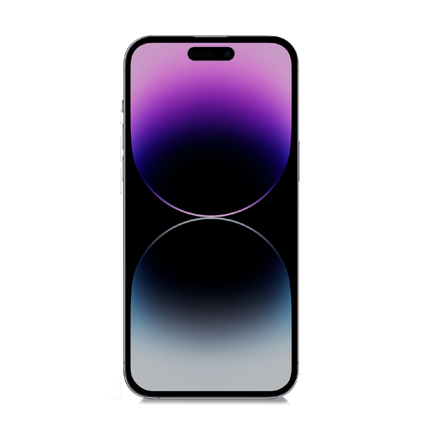 Ein schwarzes iPhone mit einem lila-blauen Farbverlaufsbildschirm auf weißem Hintergrund.
