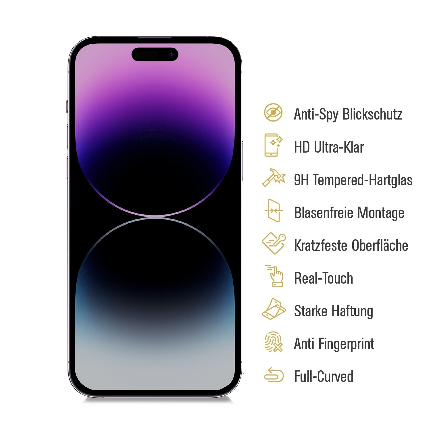 Ein Telefonbildschirm mit Displayschutzfolie und weißem Hintergrund. Detail-Symbole rechts.
