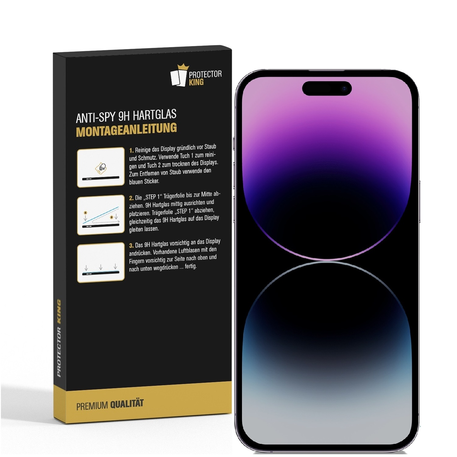 Box mit Displayschutzfolie und Telefon mit lila und schwarzem Hintergrund.