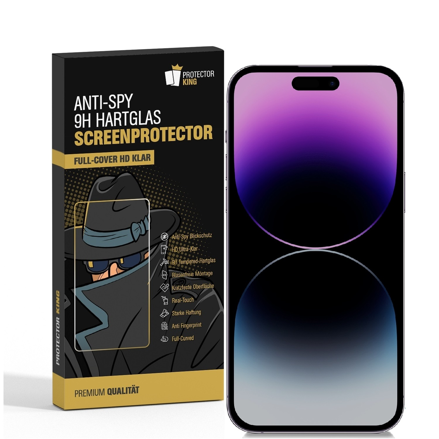 Eine Handyschutzfolienbox und ein Telefon mit lila Bildschirm. Die Box zeigt einen Spion und Details.