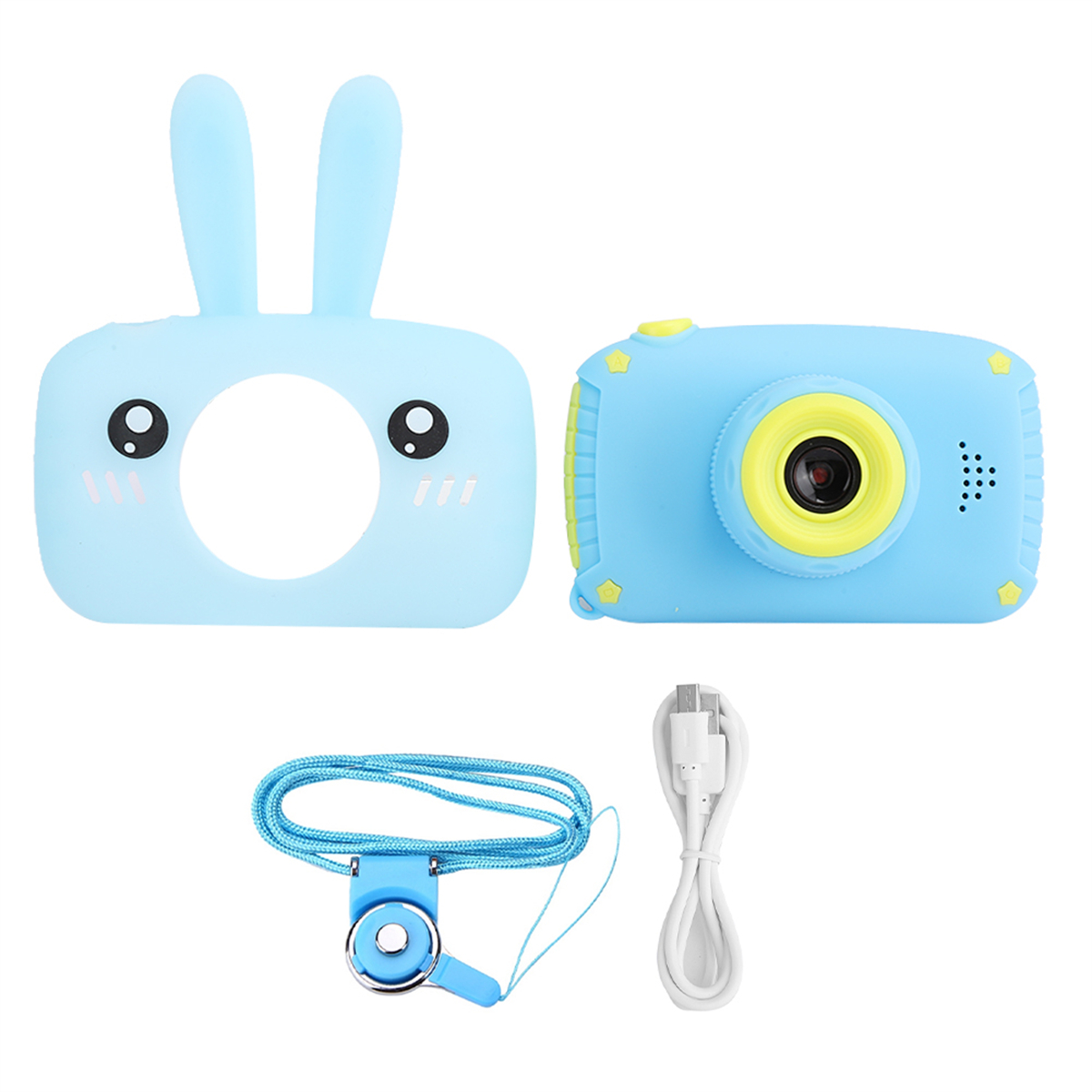 Blaue und gelbe Kinderkamera mit Hasen-Gehäuse, Umhängeband und weißem USB-Kabel auf weißem Hintergrund.