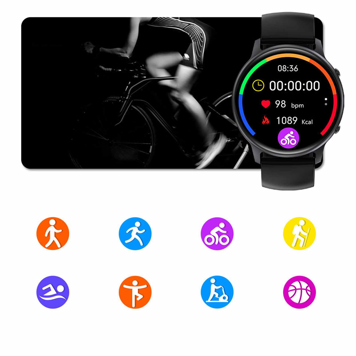 Smartwatch, das Zeit, Herzfrequenz und verbrannte Kalorien anzeigt. Symbole für Aktivitäten umgeben den Bildschirm.