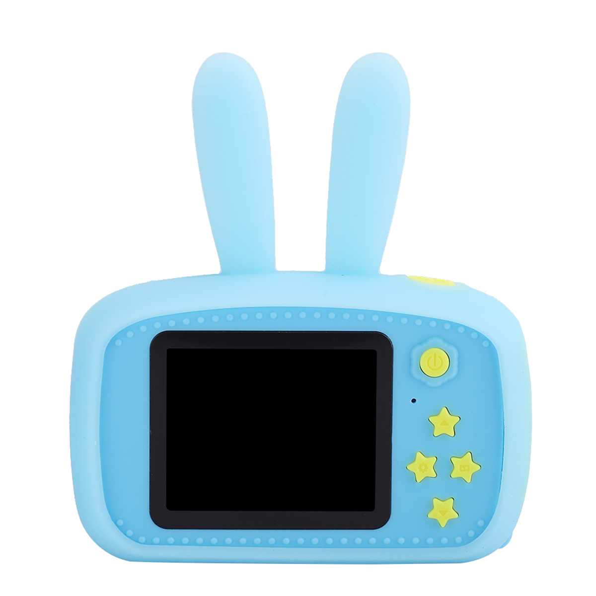 Eine blaue Kinderkamera in Hasenform. Sie hat Ohren, einen Bildschirm und sternförmige Knöpfe.