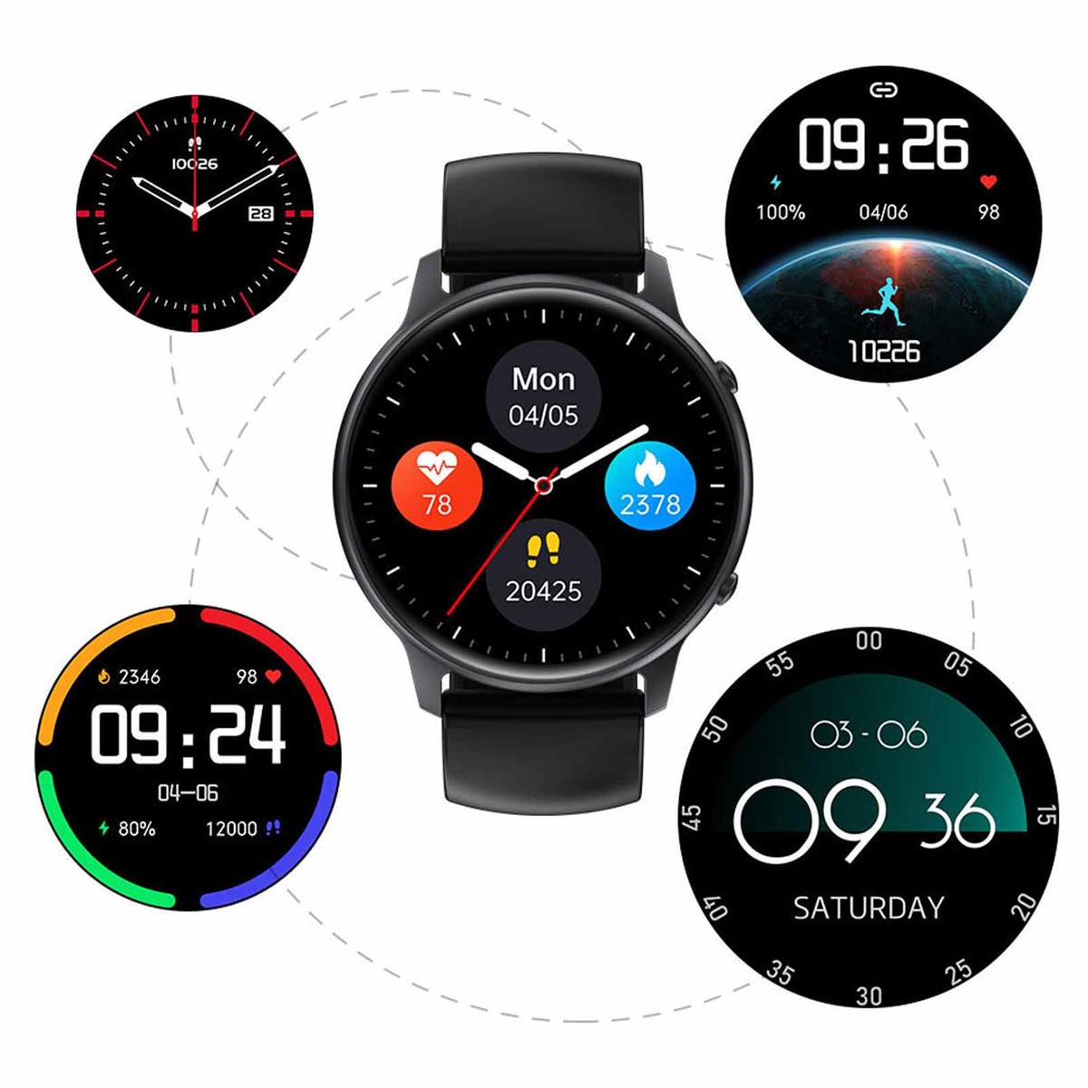 Schwarze Smartwatch mit verschiedenen Anzeigeoptionen für Zeit, Statistiken und Gesundheitsmetriken.