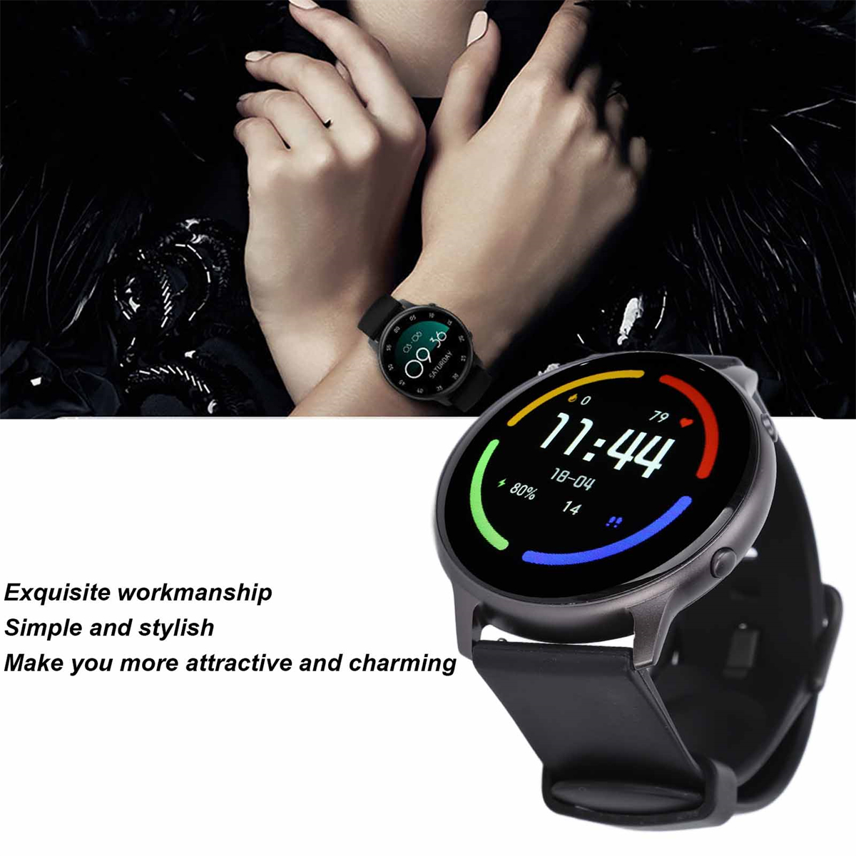 Schwarze Smartwatch am Handgelenk, die Zeit und Daten anzeigt. Der Hintergrund zeigt eine Person mit einem schwarzen Hemd.