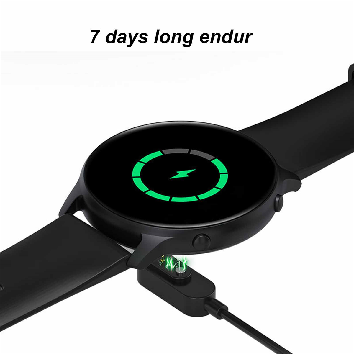 Schwarze Smartwatch wird geladen. Ein grünes Blitzsymbol wird auf dem Zifferblatt angezeigt.