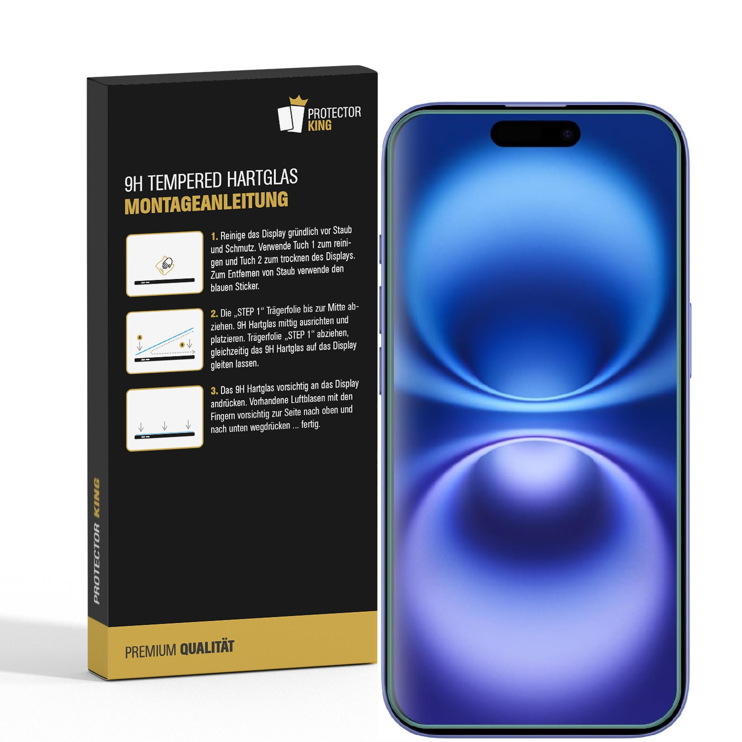 Box und Telefon mit Displayschutz. Anweisungen auf der Box. Telefon ist blau.