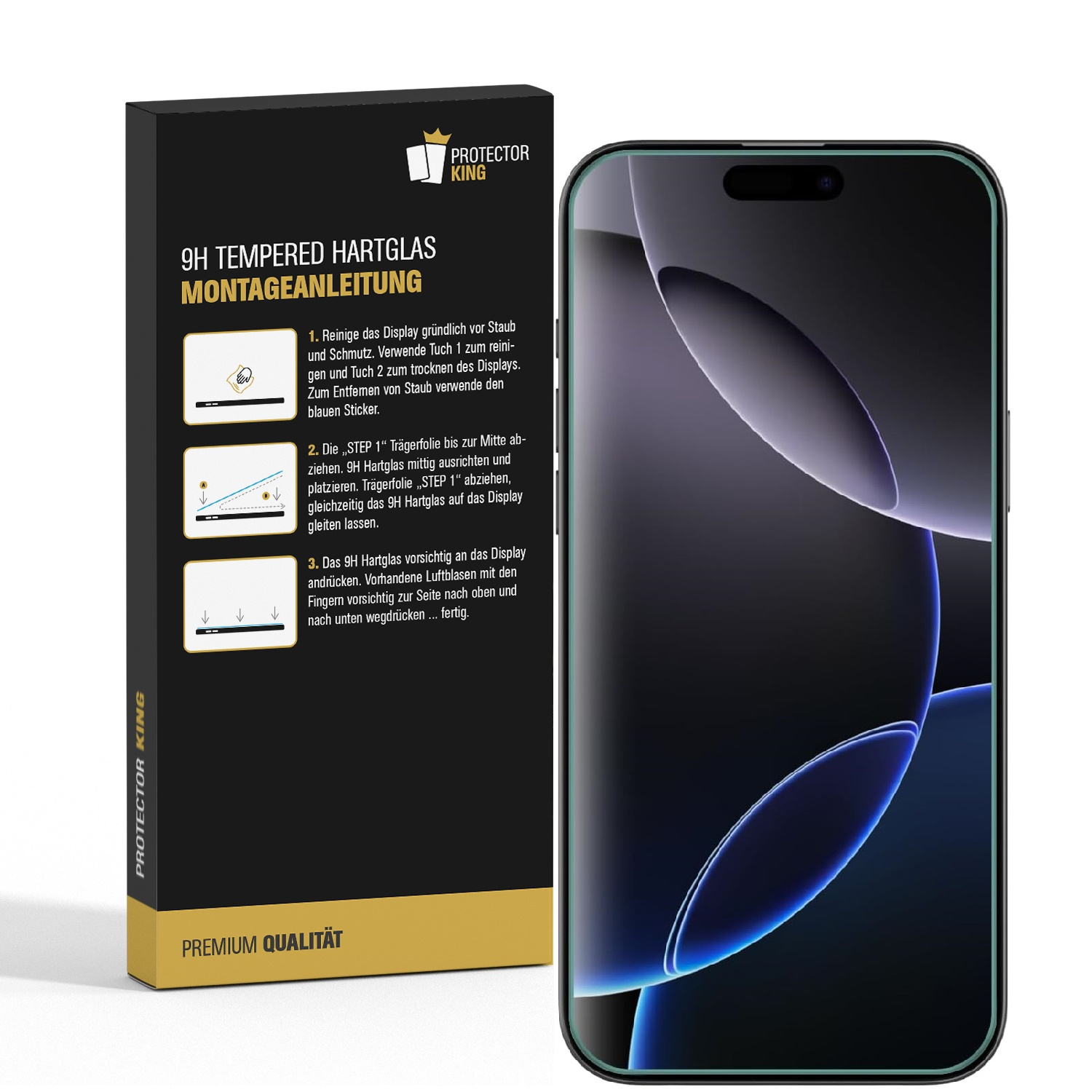 Box mit Displayschutzfolie aus gehärtetem Glas und Smartphone. Anweisungen und Telefon im Bild.