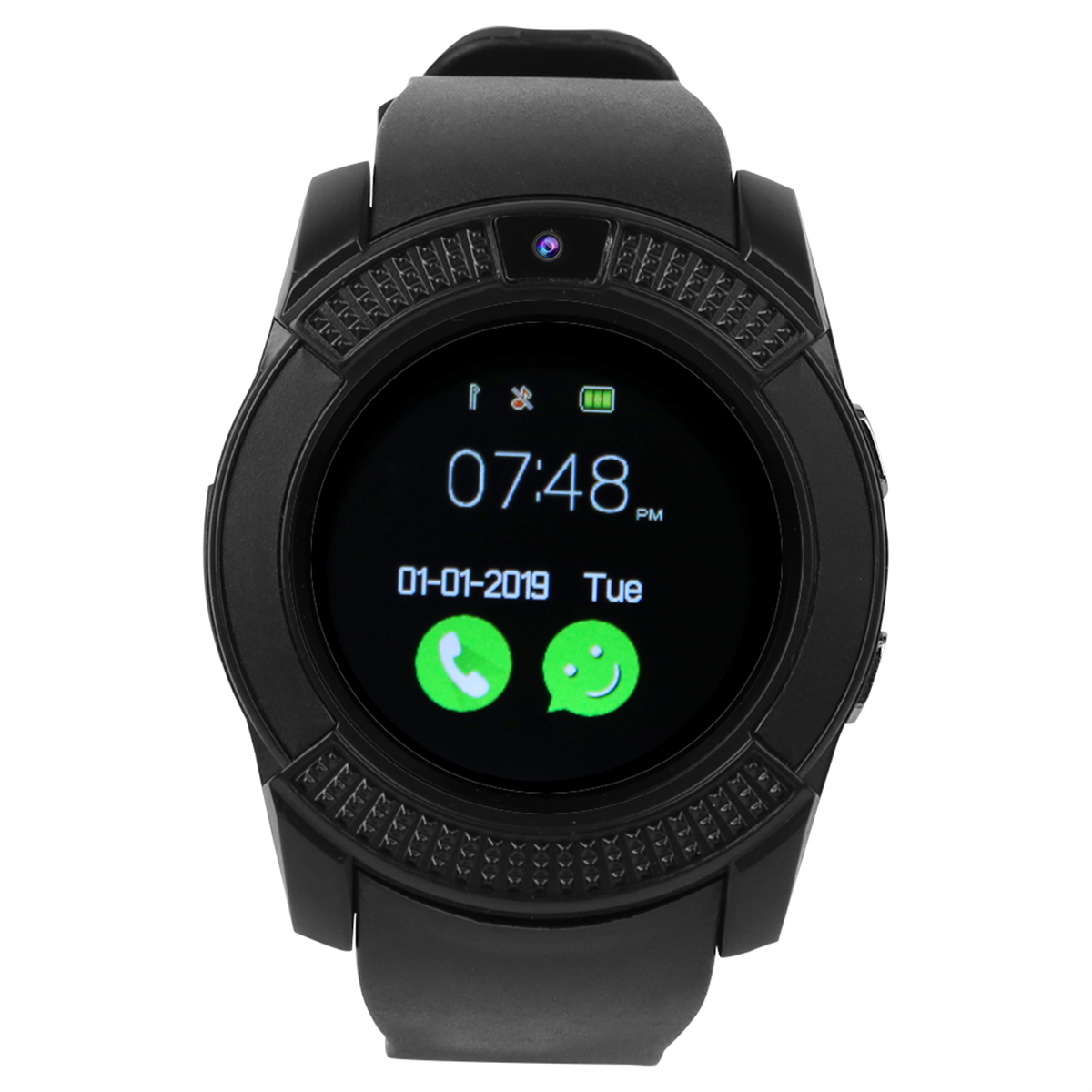 Schwarze Smartwatch mit Anzeige von Zeit, Datum und Telefonsymbolen.