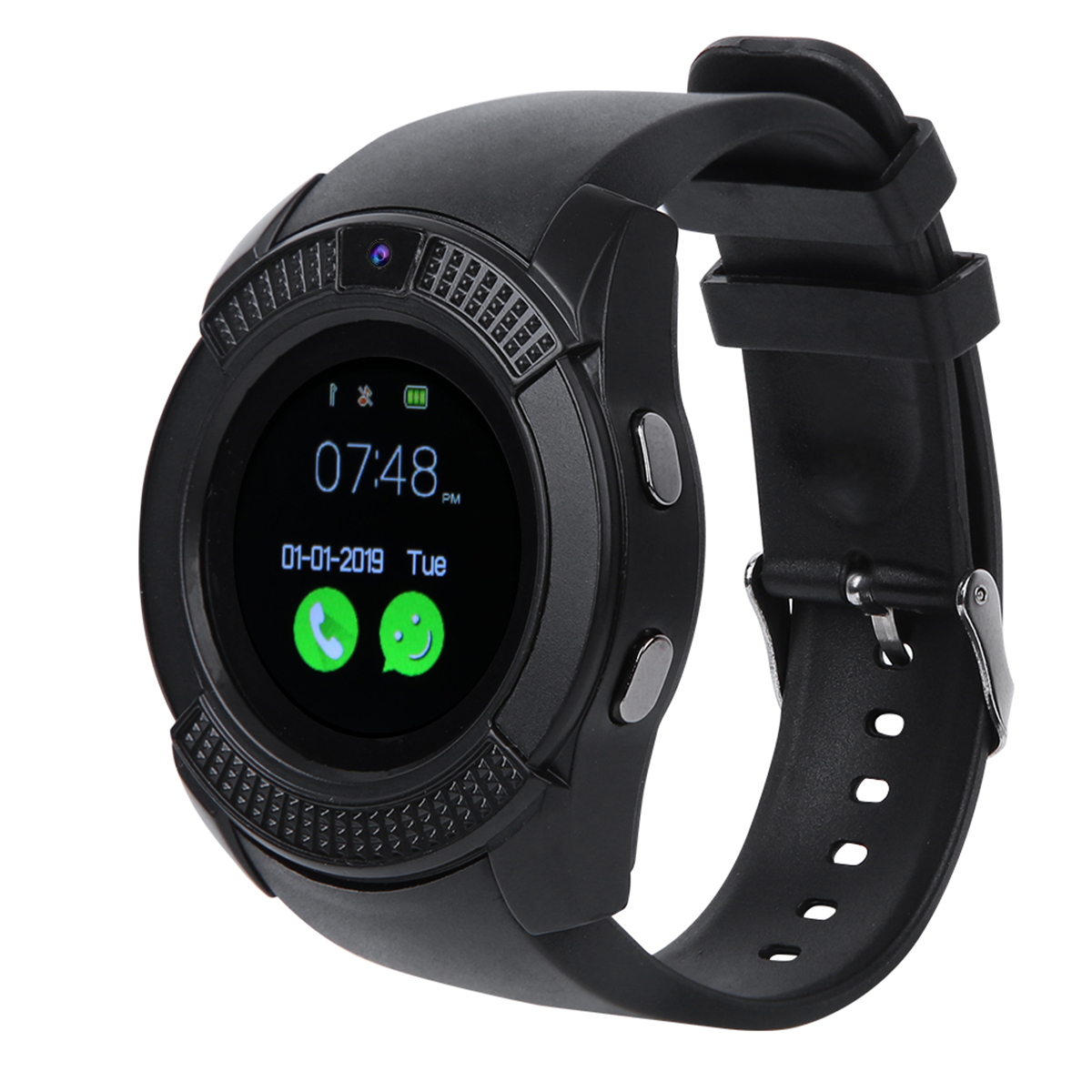Schwarze Smartwatch zeigt Zeit, Datum und Symbole an. Die Uhr befindet sich auf weißem Hintergrund.
