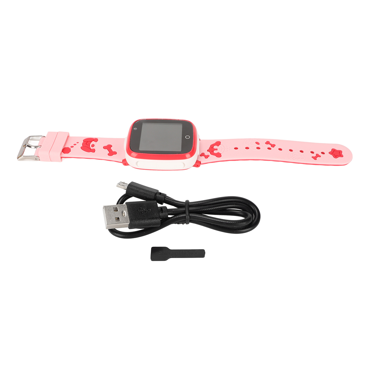Pinke Smartwatch und Ladegerät, auf weißem Hintergrund. Uhr hat einen rot-weißen Bildschirm.