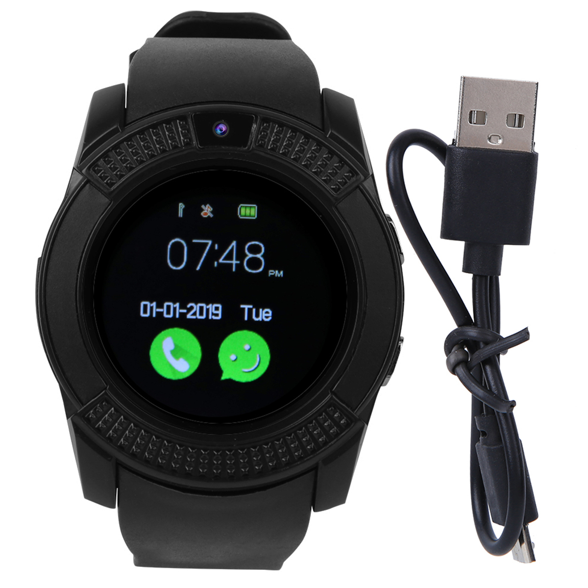 Schwarze Smartwatch mit Ladekabel, zeigt Zeit und Symbole auf dem Bildschirm.