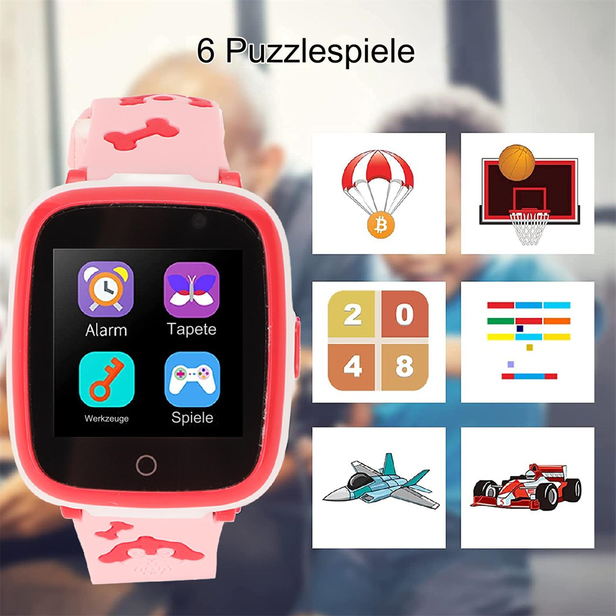 Eine pinkfarbene Smartwatch, die verschiedene Spielsymbole auf einem Bildschirm mit 6 Puzzlespielen zeigt.
