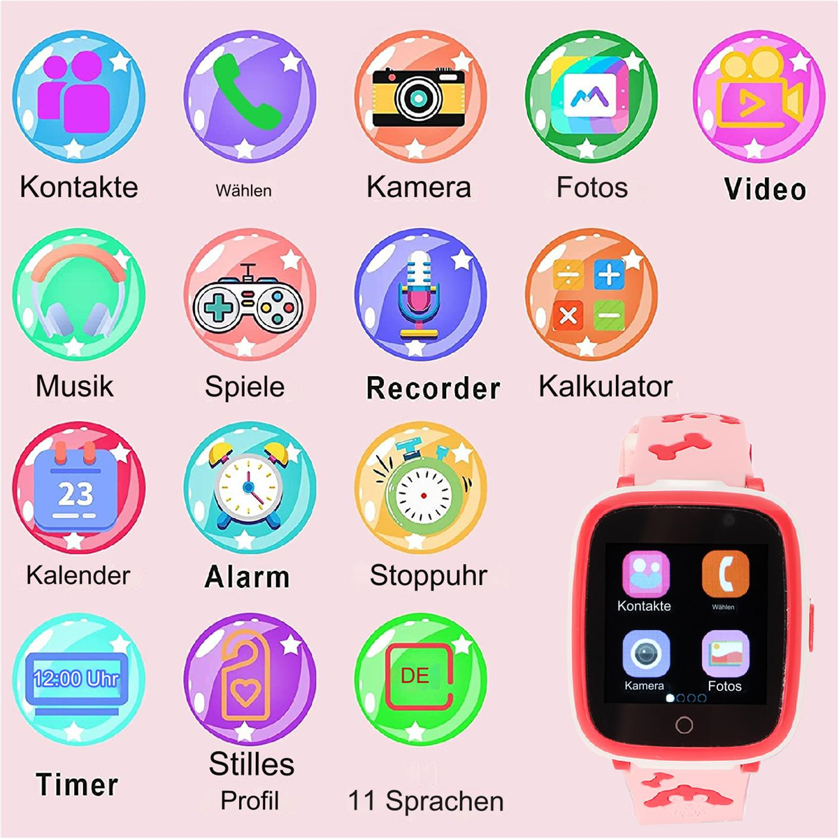 Smartwatch mit Symbolen auf dem Bildschirm. Rosa Armband. Knöpfe sichtbar. Weißer Hintergrund.