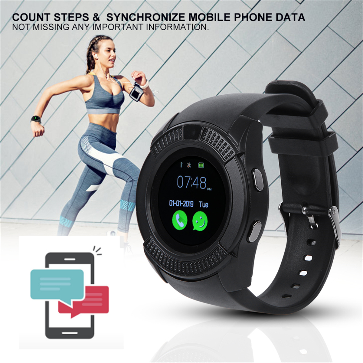 Smartwatch mit Uhrzeit- und Nachrichtenanzeige. Eine Frau rennt im Hintergrund mit Smartphone-Symbol.