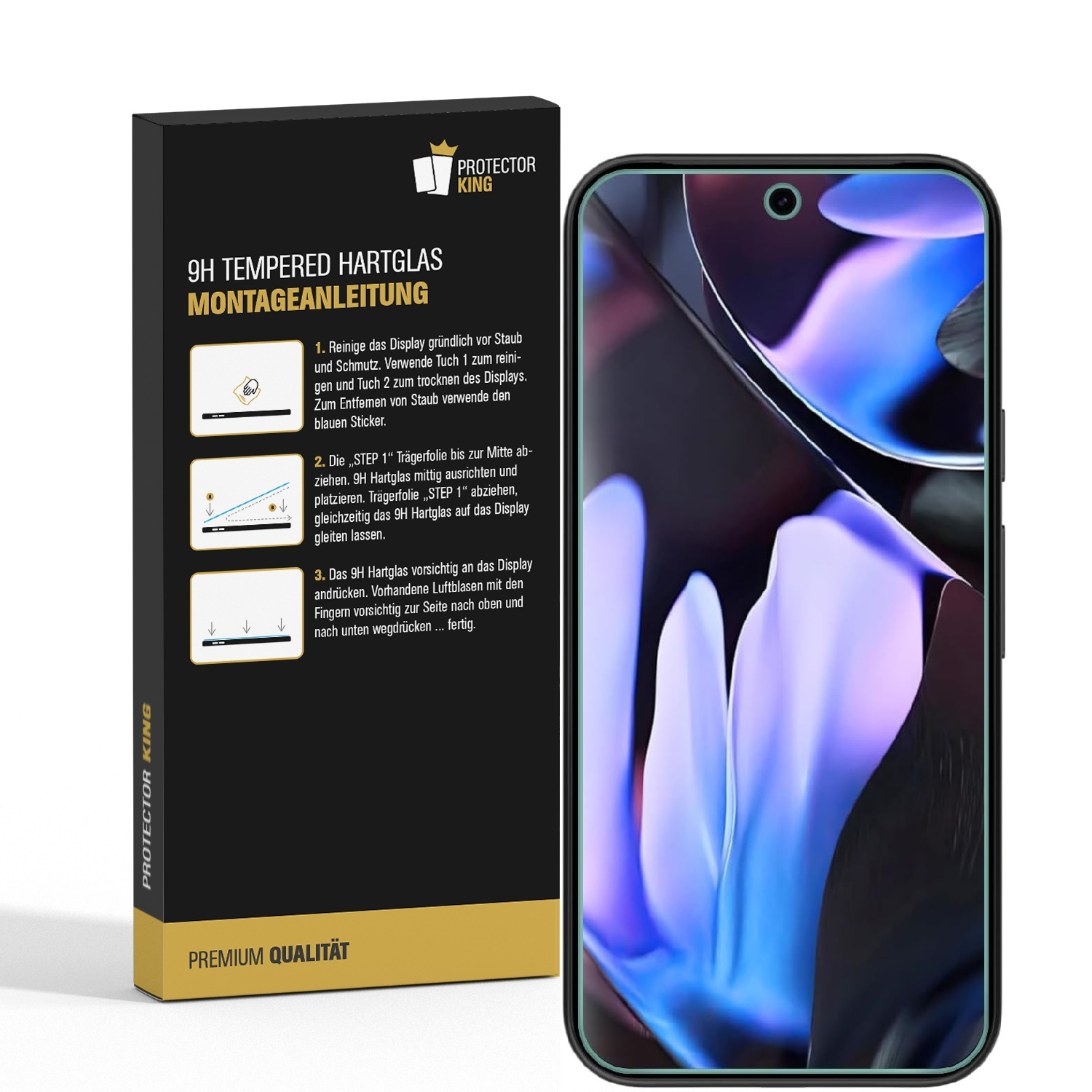Ein Telefon mit Displayschutzfolie und Anweisungen auf einer Box.