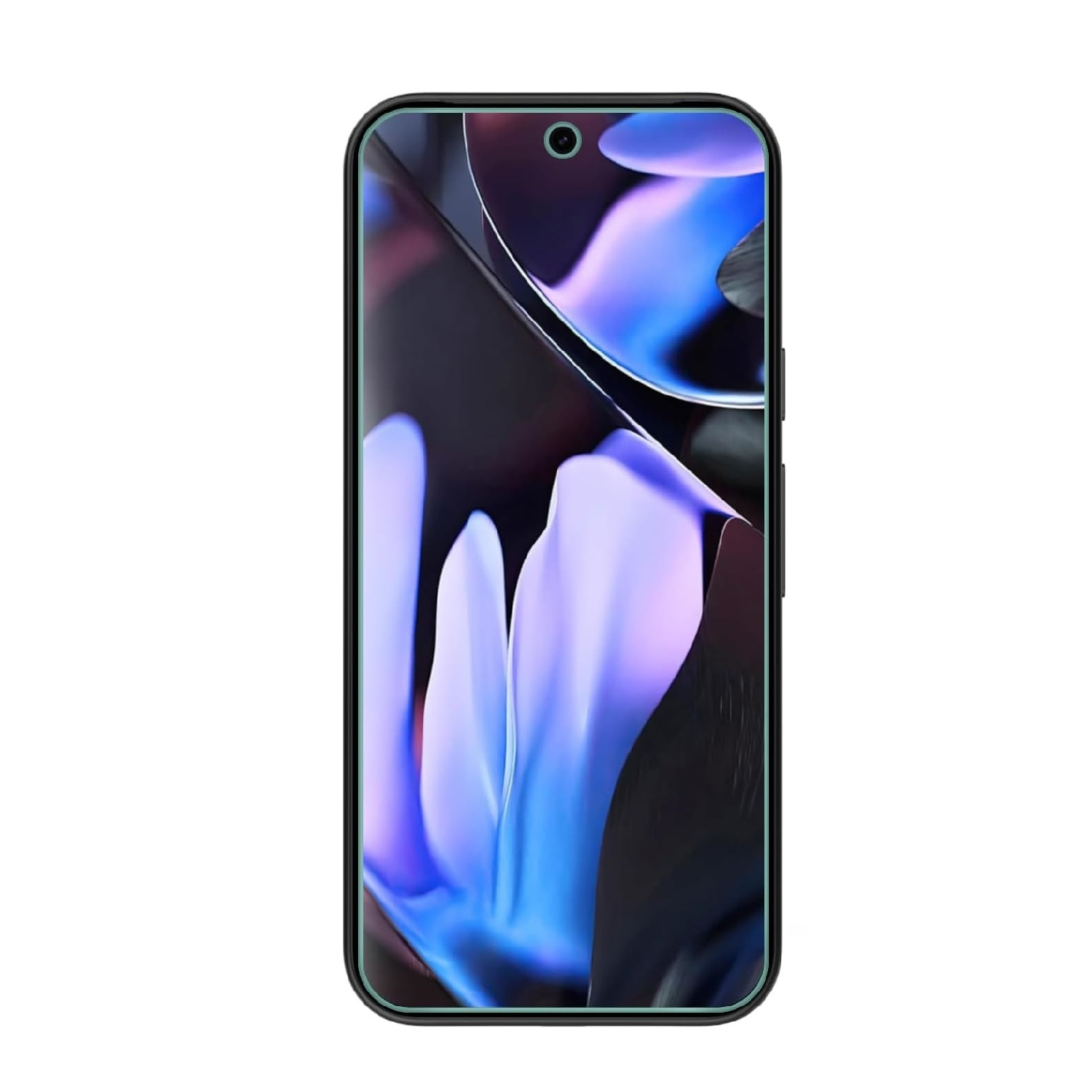 Schwarzes Smartphone mit gebogenem Bildschirm, Kamera und blauem Hintergrund.