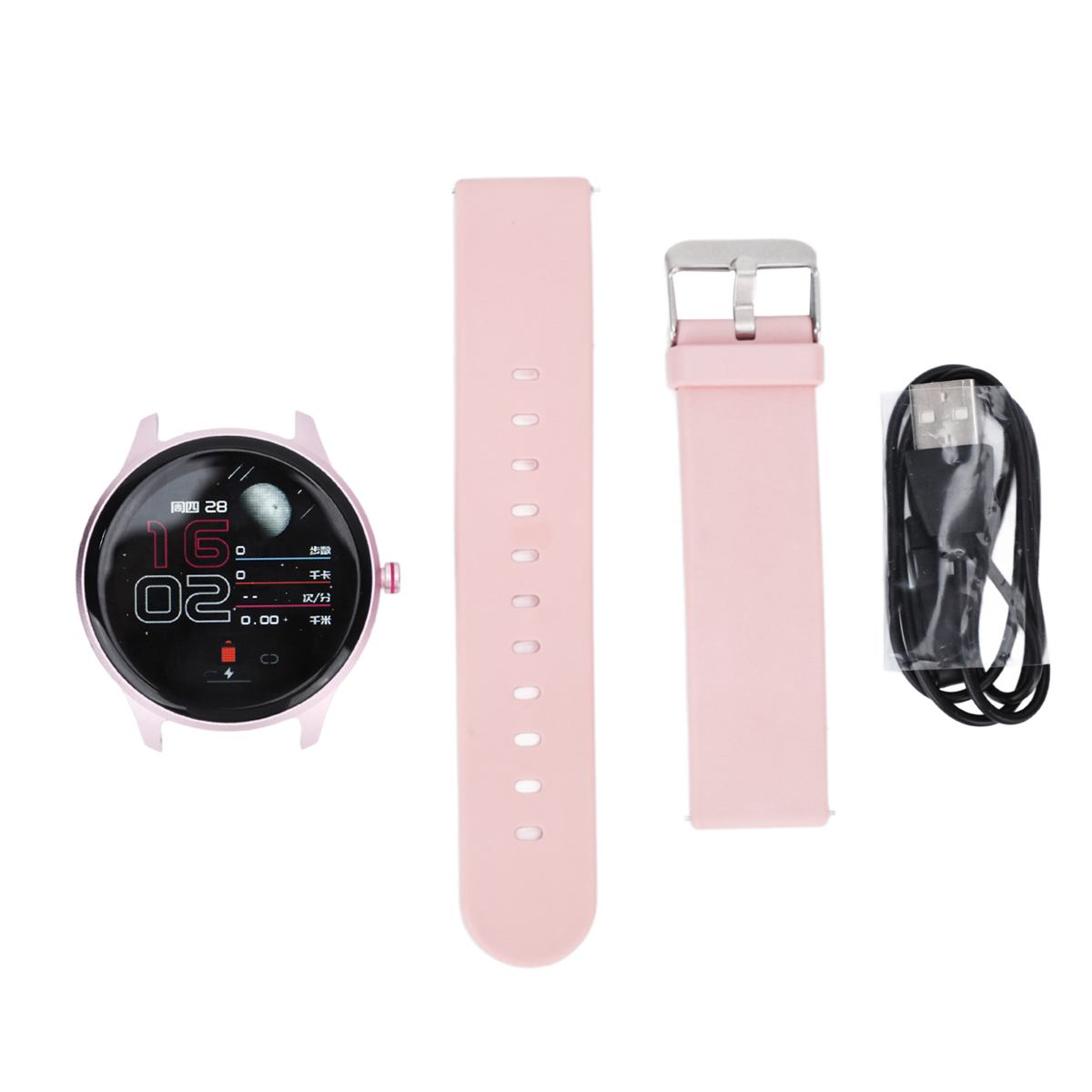 Rosa Smartwatch-Teile. Zifferblatt, Armband und Ladekabel. Weißer Hintergrund.