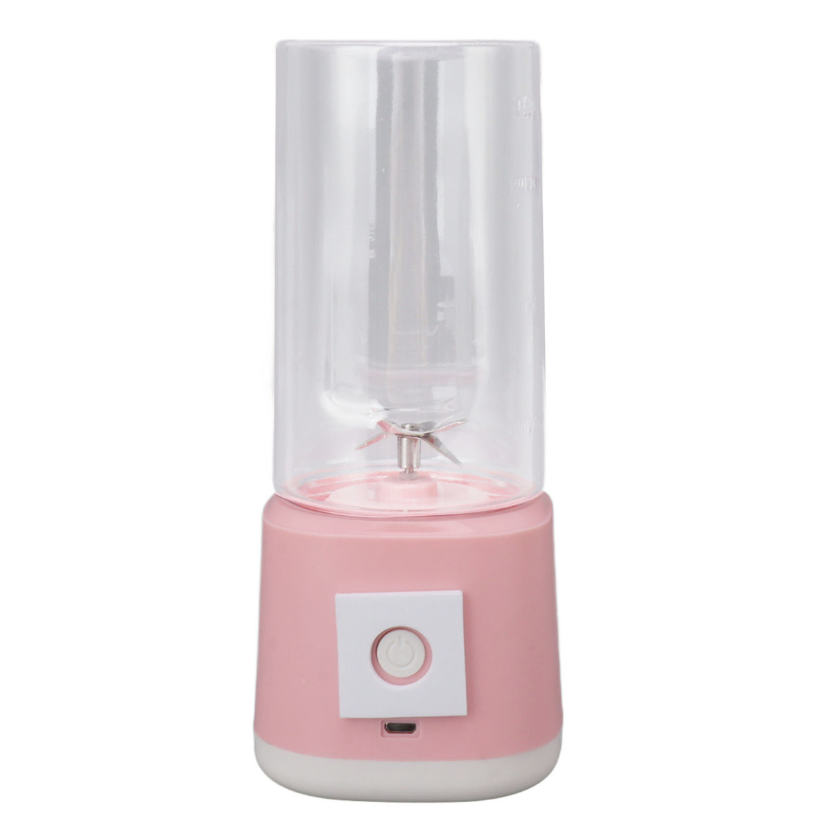 Rosa und weißer Mixer mit transparentem Behälter. Weißer Hintergrund.