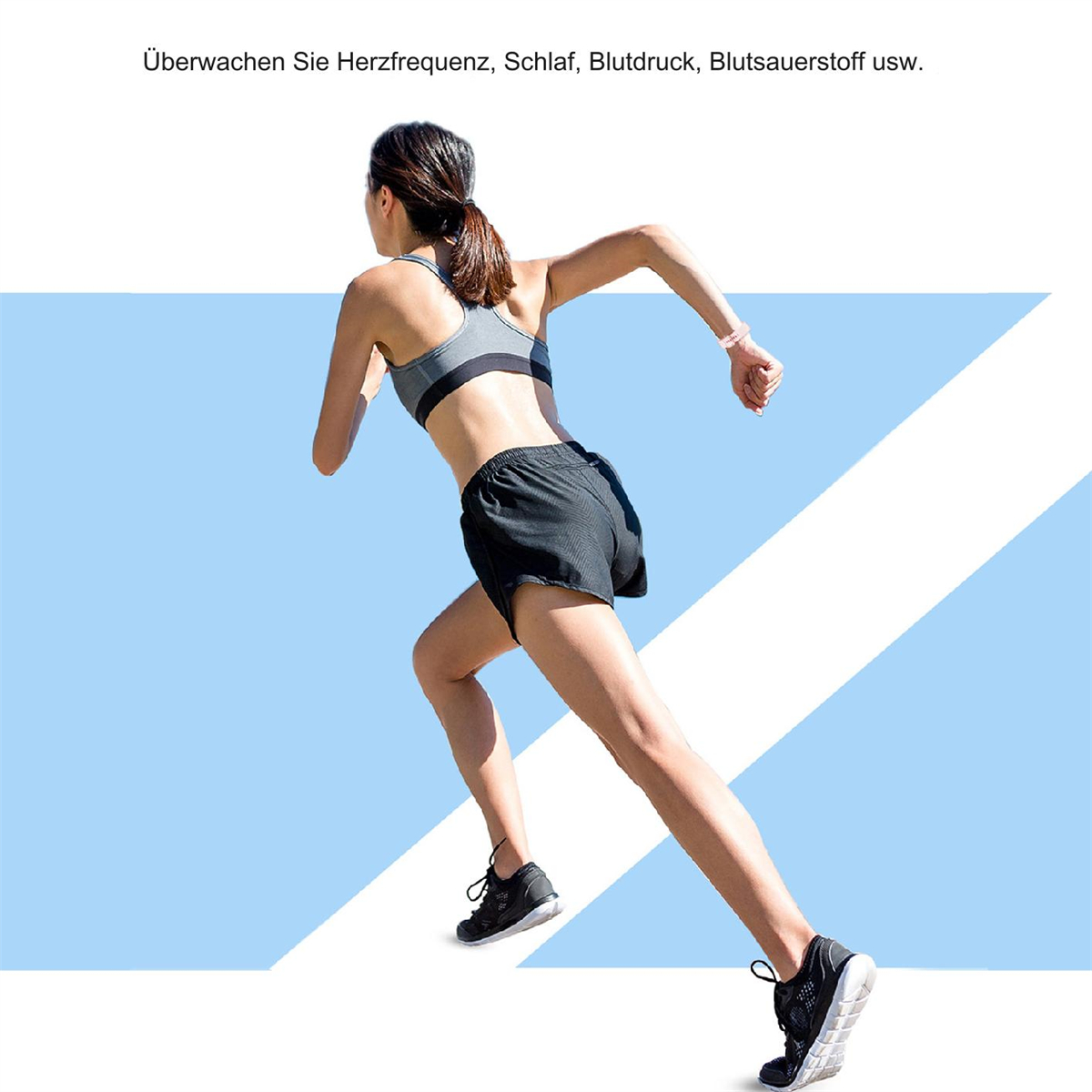 Eine Frau rennt, BH und Shorts. Text auf Deutsch: "Überwachen Sie Herzfrequenz, etc."