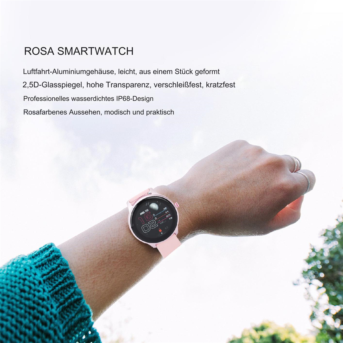 Eine rosa Smartwatch am Handgelenk, mit grünem Hintergrund und Text.