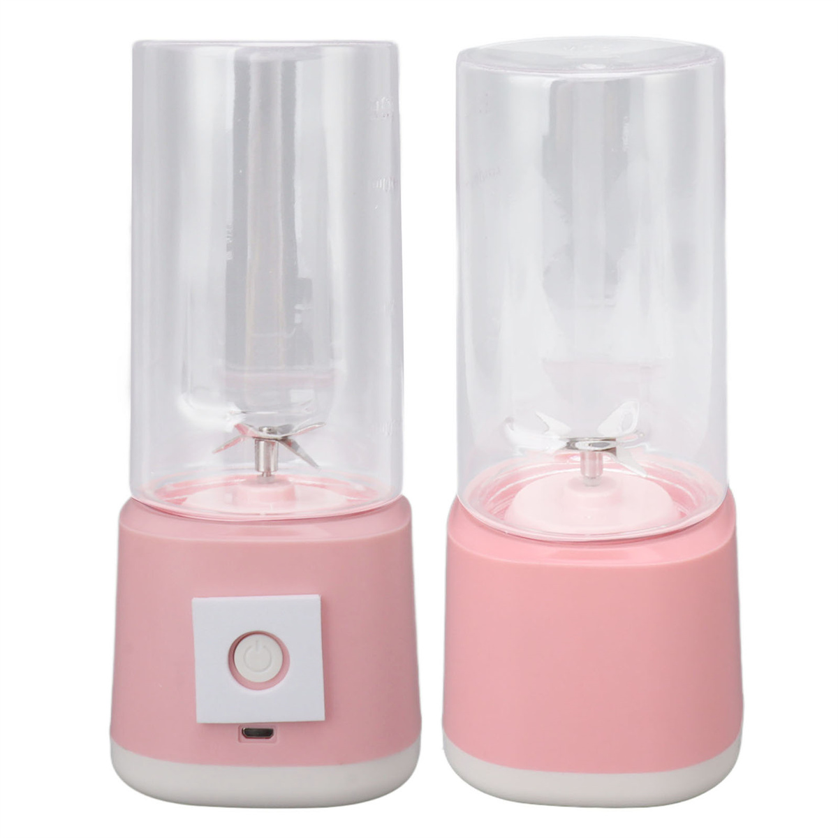 Zwei rosa persönliche Mixer, jeweils mit einem transparenten Behälter, auf weißem Hintergrund.