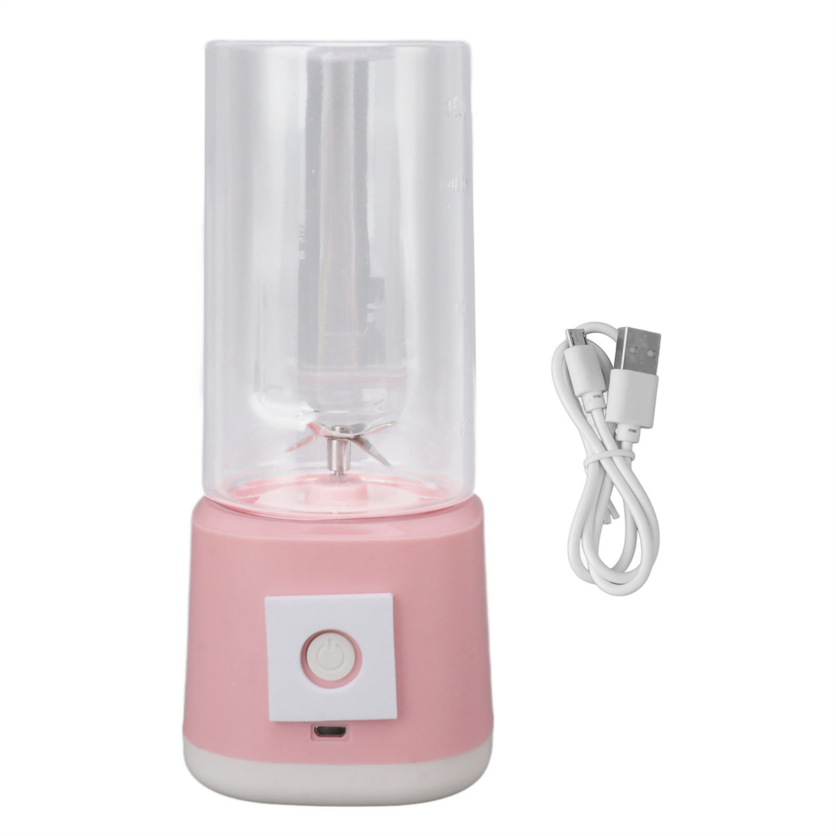 Rosa Mixer mit transparentem Behälter und weißem USB-Ladekabel.