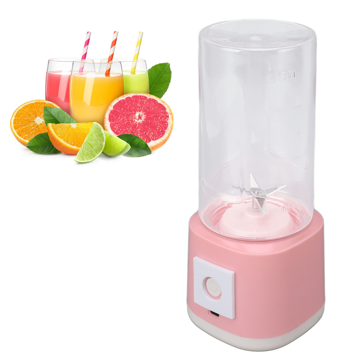 Rosa Mixer mit Früchten und Saftgläsern. Isoliert auf weißem Hintergrund.