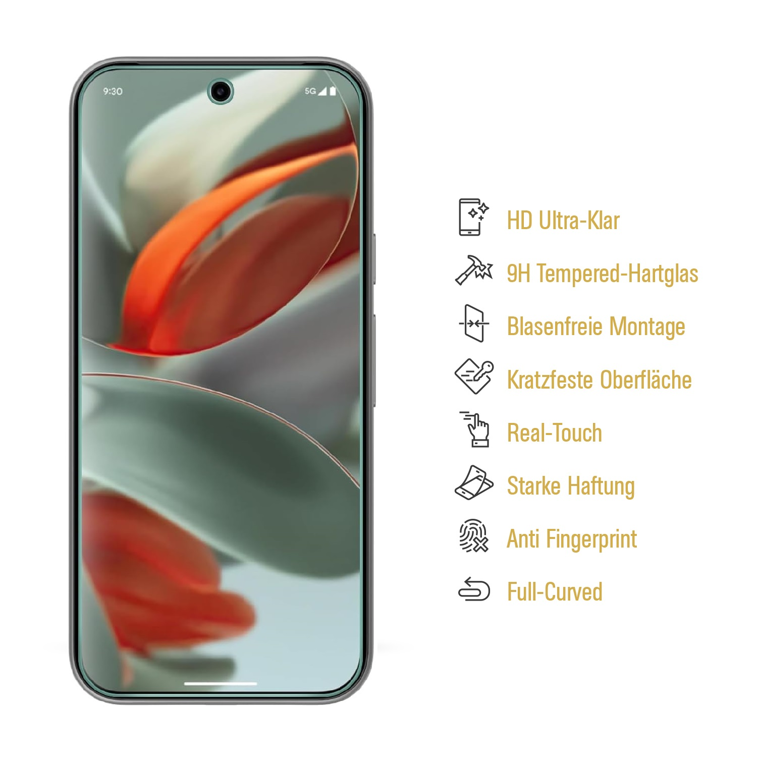 Smartphone zeigt Displayschutzfolie, mit Symbolen und Text, der seine Funktionen beschreibt.