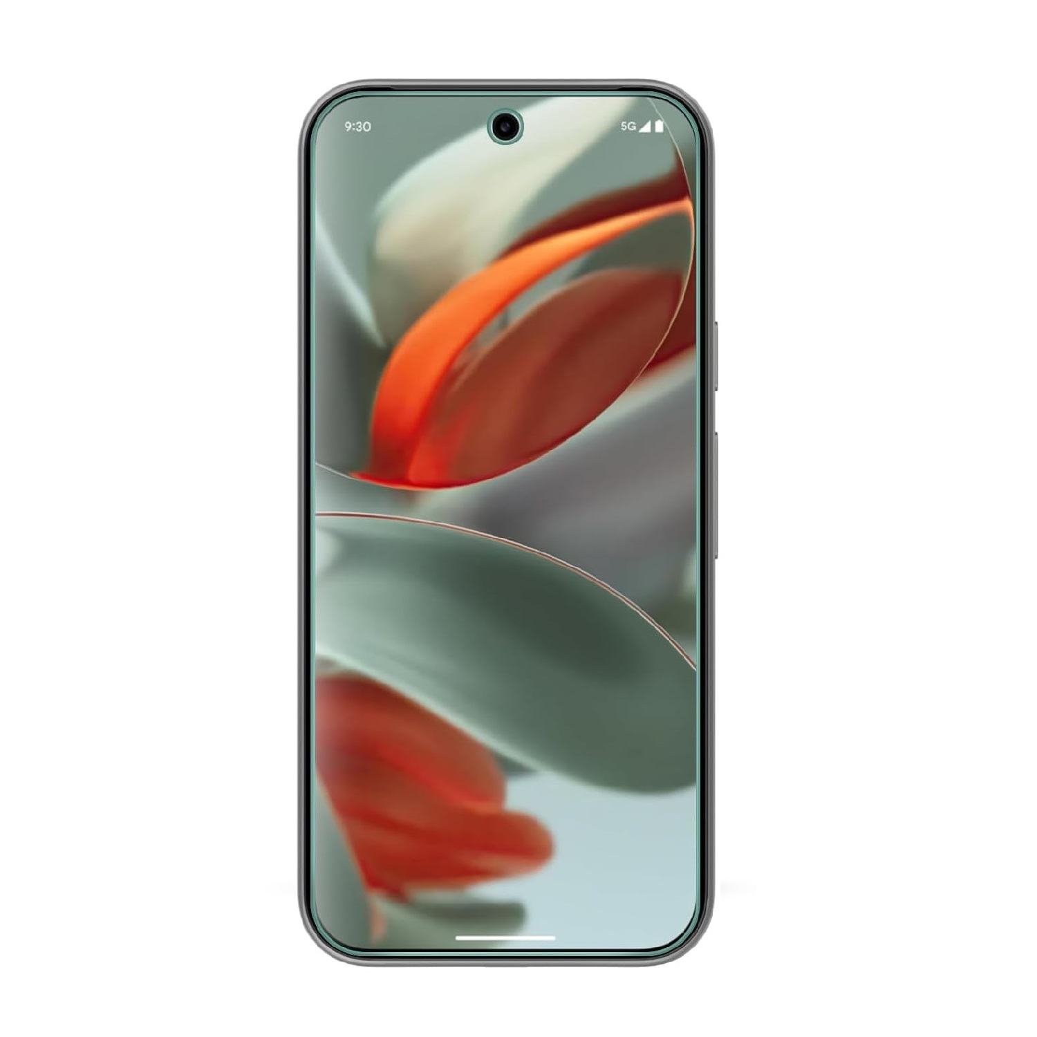 Smartphone mit blumenartigem Bild auf dem Bildschirm. Das Telefon ist grau.