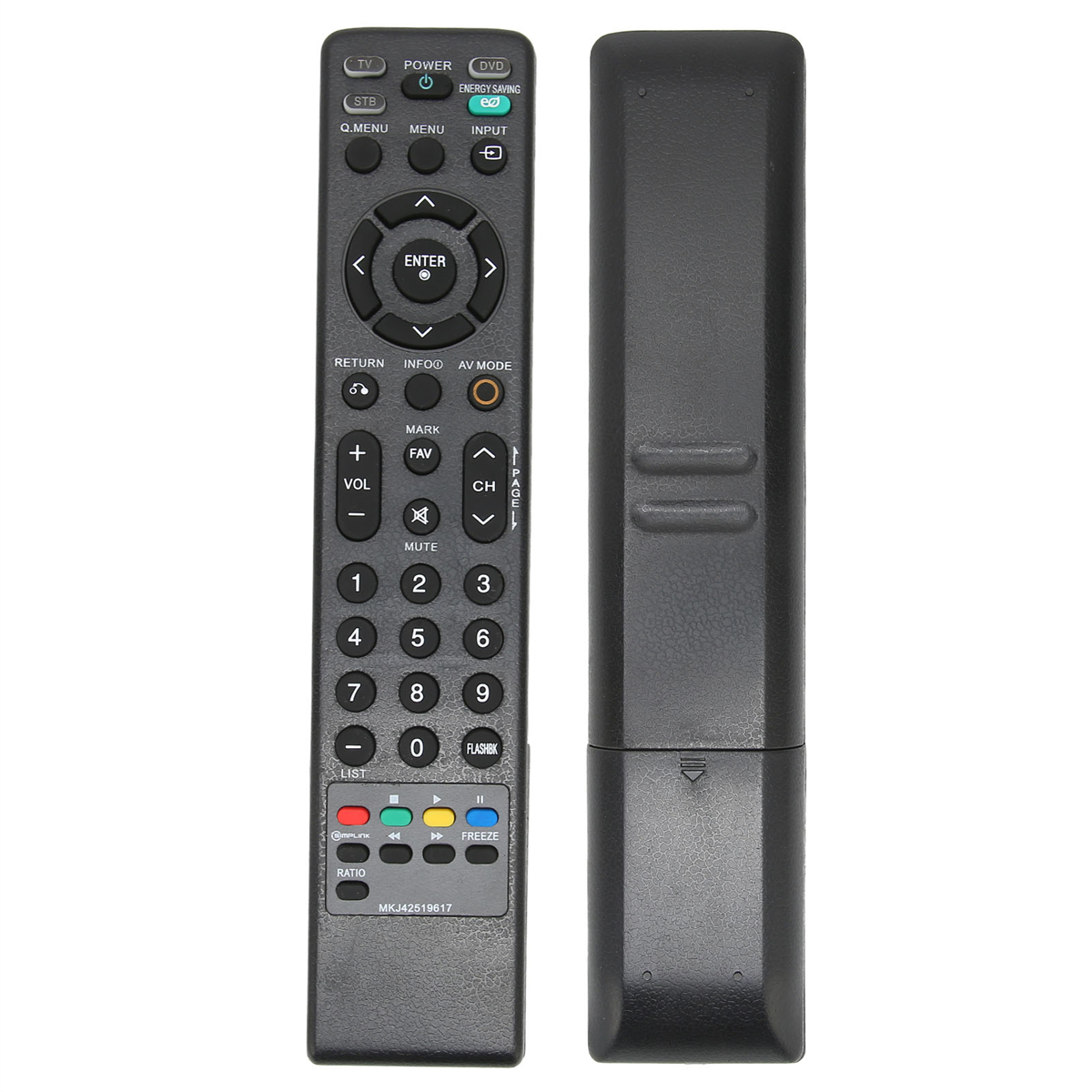 Schwarze TV-Fernbedienung mit Knöpfen. Die Rückseite ist schlicht schwarz. Die Fernbedienung hat viele Tasten.