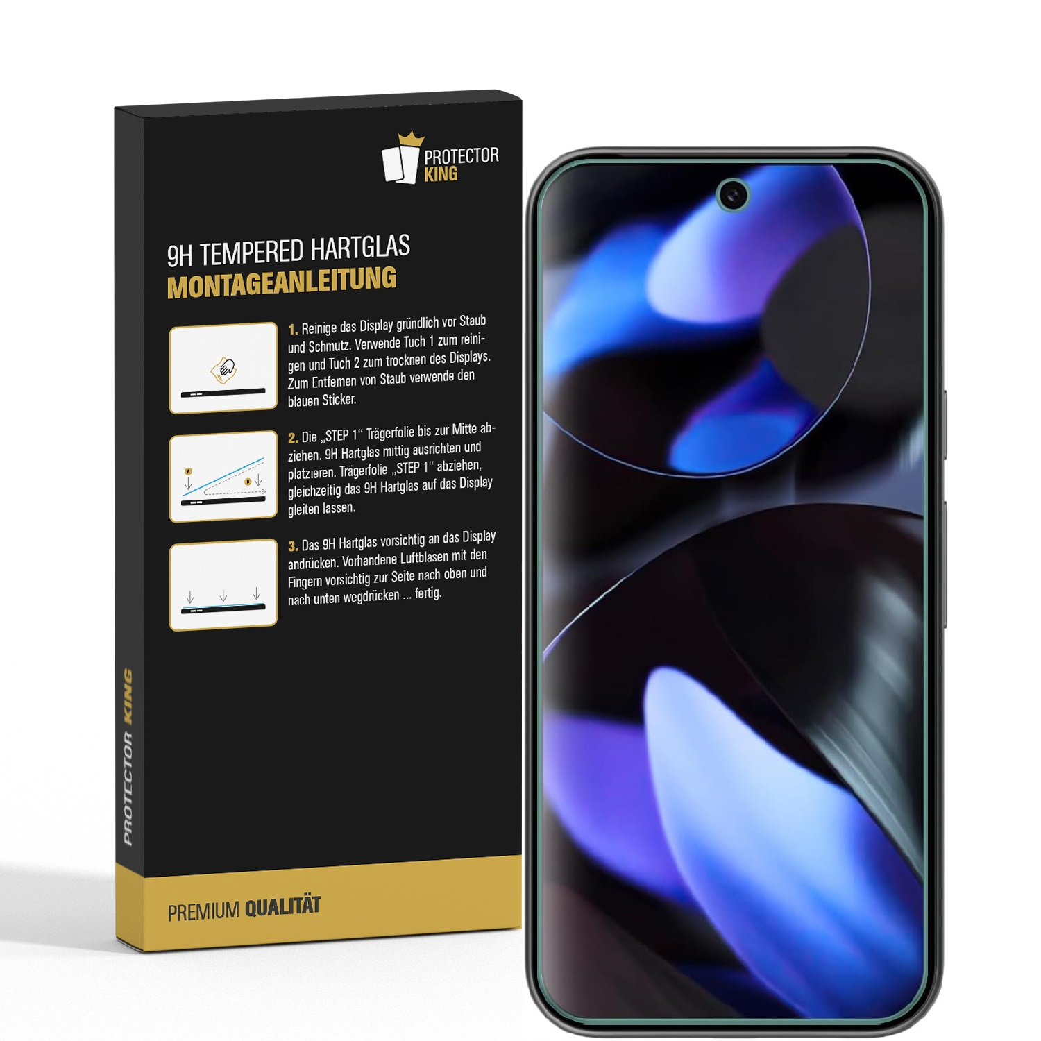 Ein Displayschutz mit Anweisungen auf einer Box und einem Telefon.