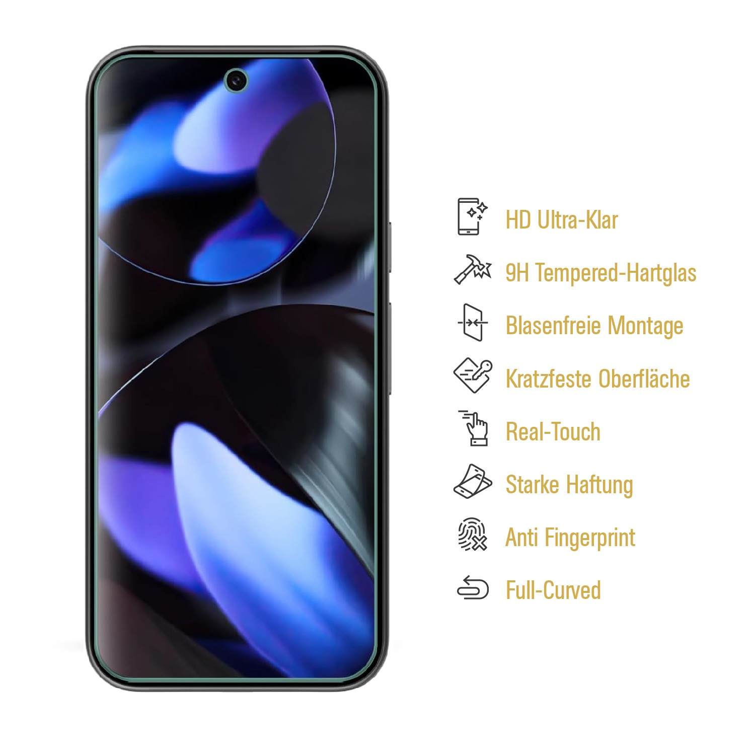 Ein Smartphone-Displayschutz mit Funktionssymbolen auf weißem Hintergrund.