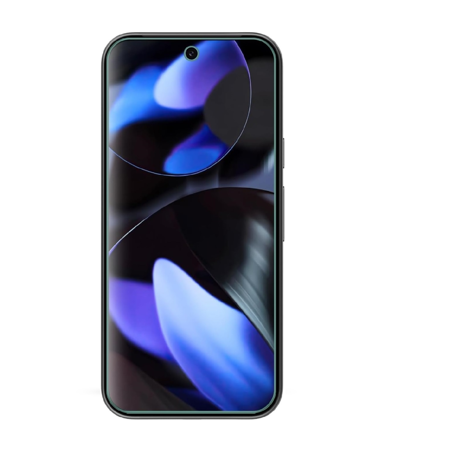 Ein schwarzes Smartphone mit einem Bildschirm, auf dem ein abstraktes blau-lila Design angezeigt wird.